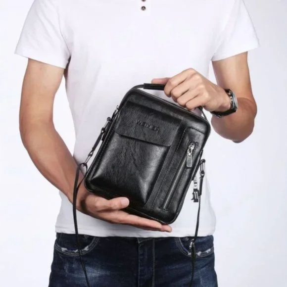 New Men's Small Crossbody PU Leather Black - Picture 2 of 5